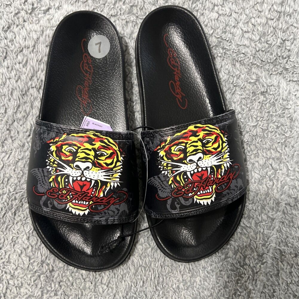 Ed Hardy Mens graphic slides black size 7 NWT Y/k Grunge Goth Motorcycle